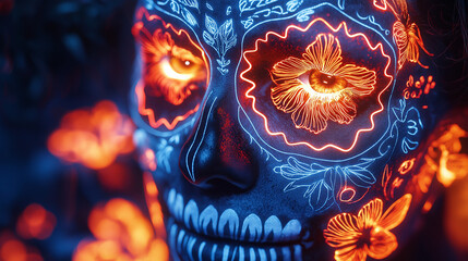 Naklejka premium Neon Sugar Skull: Glowing Calavera Catrina Makeup 