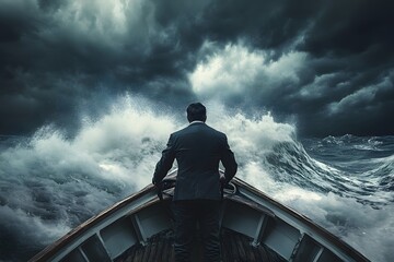 Businessman in Suit Navigating a Boat Through Stormy Seas