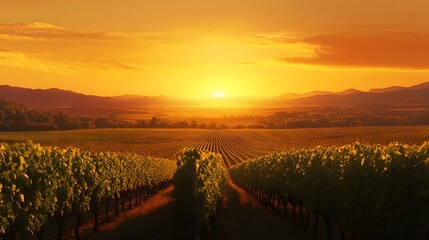 176. A peaceful sunset over a vineyard, with rows of grapevines stretching into the distance
