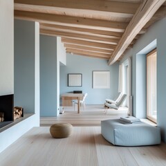A spacious minimalistic room with Scandinavian design, showcasing exposed wooden beams, light-toned furnishings, and serene ambiance.