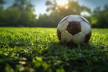 A weathered soccer ball resting on lush green grass during a sunny afternoon