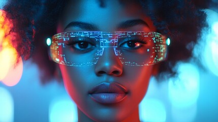 Futuristic portrait of a woman with glowing digital glasses, illuminated by vibrant neon lights, showcasing advanced technology and cyberpunk aesthetics.