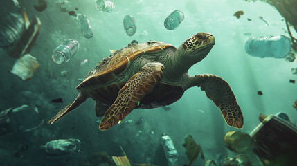 Obraz premium The Heartbreaking Reality of Ocean Pollution: A Sea Filled With Debris, Plastics, and Waste, Endangering Marine Life and Calling for Urgent Measures to Combat Pollution on a Global Scale