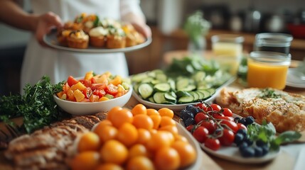 Person presenting a wellorganized brunch table featuring dietfriendly foods in a clean kitchen