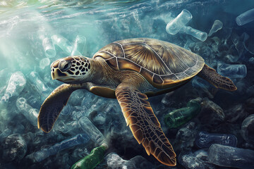 Fototapeta premium The Devastating Effects of Ocean Pollution: A Once Pristine Sea Now Littered With Plastic and Hazardous Waste, Highlighting the Dangers That Marine Life and Coastal Communities Are Facing