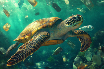 Fototapeta premium A Disturbing Image of Plastic Bags, Bottles, and Waste Polluting the Ocean’s Surface, Encapsulating the Grave Threats That Marine Wildlife Faces as Pollution Continues to Rise in Global Waters
