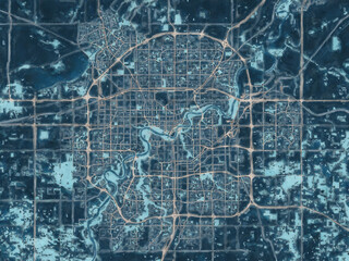 Painterly Style City Map of Edmonton Alberta, Canada in a Blue Color Scheme.