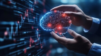 Futuristic concept of artificial intelligence and machine learning: hands holding a glowing digital brain against a background of stock market charts.