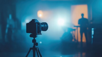 Live event recording setup with a camera pointed at a bright concert stage, capturing the essence of live performances.