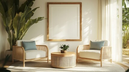 This image showcases a serene seating area with two armchairs, a central table, and lush greenery under warm sunlight.