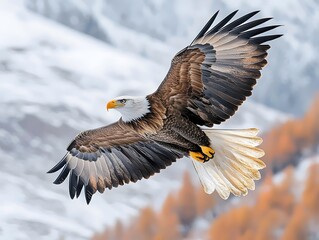 A majestic bald eagle soars gracefully through a snowy landscape, showcasing its striking white head and powerful wings against a blurred background.