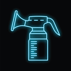 Fototapeta premium Neon blue icon of a breast pump glowing against a black background, representing breastfeeding and motherhood
