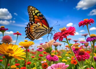 Fototapeta premium Butterfly in Blooming Flowers Under Bright Sky - Candid Photography