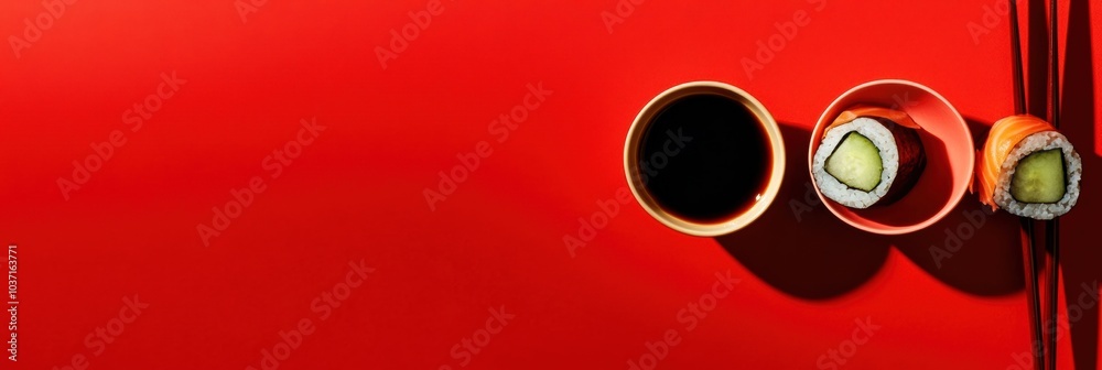 Poster enjoy a beautifully arranged sushi roll filled with cucumber, paired with soy sauce and chopsticks o