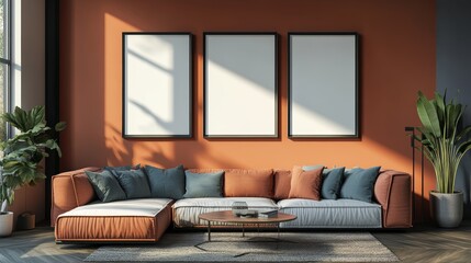 This living space showcases a warm color palette, featuring sleek furniture and tasteful decorations in a minimalist style.