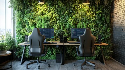 Two gaming chairs and dual monitors, facing a lush green plant wall, merging tech and nature-inspired decor.