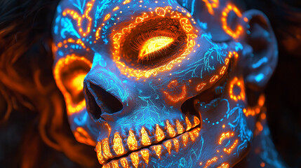 Fototapeta premium Neon Sugar Skull Glow: A close-up portrait of a vibrant, neon sugar skull, glowing with intricate details and a captivating aura.