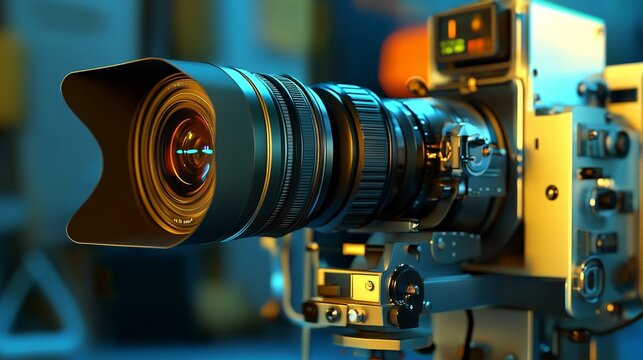 Professional digital cinema camera with large lens and electronic viewfinder, showcasing advanced filmmaking technology in a dimly lit studio environment.