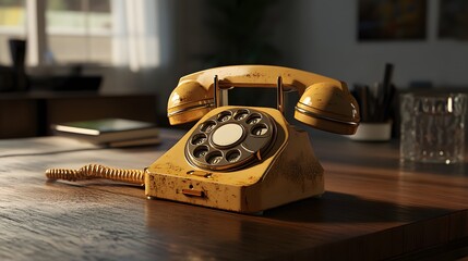 A detailed rendering of a rotary phone with hyper-realistic lighting and textures placed on a modern minimalist desk