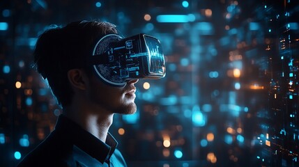 Futuristic profile of a person wearing a high-tech virtual reality headset, surrounded by glowing blue lights and digital particles in a dark, immersive environment.