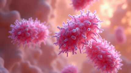 Close-up of K.pneumoniae bacteria with a spiky surface, floating in a cellular environment. Illustration of Klebsiella pneumoniae. Microscopic View of Bacteria with Spiky Surface