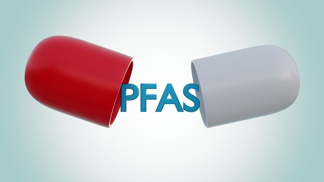 3d rendering of capsule pill with the letters "PFAS". Perfluorooctane Sulfonate (PFAS), a group of man-made chemicals widely used in pharmaceutical industries.