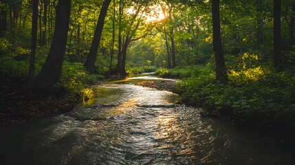 192. A serene river winding through a lush forest, with sunlight filtering through the leaves