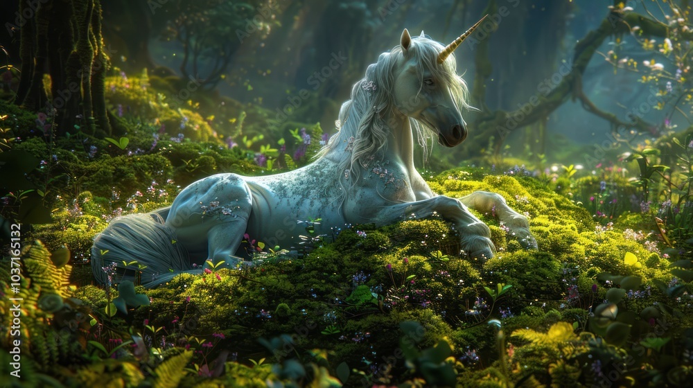 Wall mural Magical Unicorn in a Lush Forest