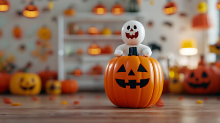 Obraz premium Cute ghost figure perched on top of a jack-o'-lantern, set in a warmly lit Halloween-themed room, creating a playful and festive atmosphere.