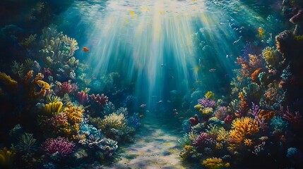 195. A vibrant coral reef teeming with life, with rays of sunlight filtering down through the water