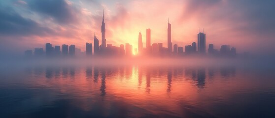 Foggy city skyline, minimalist composition, distant horizon, soft blur, serene atmosphere, tranquil urban landscape, subtle elegance