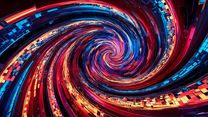 vibrant, swirling vortex of digital pixels creates mesmerizing visual effect, showcasing dynamic colors and patterns that evoke sense of motion and energy
