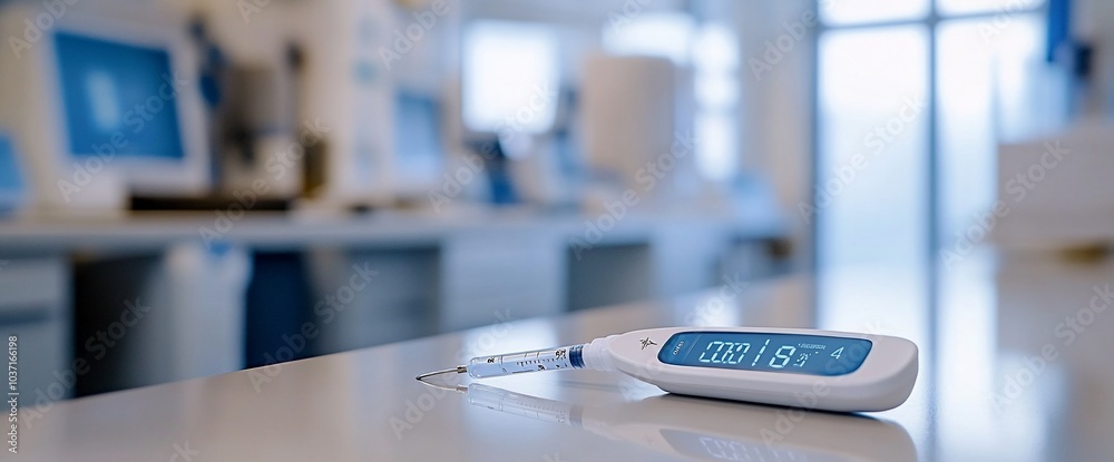 Poster a white blood glucose meter sits on a table with a blurred background of a laboratory or clinical of