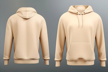 A beige hoodie displayed from the front and back, showcasing its design and features.