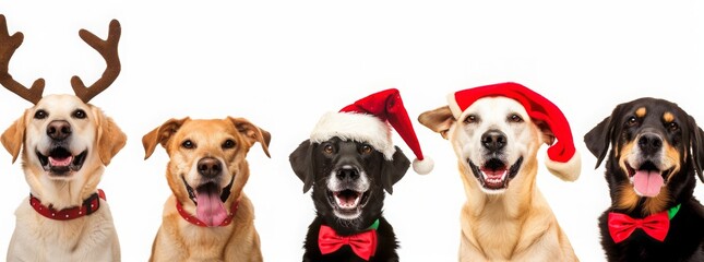 Obraz premium Adorable dogs in various festive costumes smiling at camera, featuring deer antlers, Santa hats, red bow ties, against pristine white background. 