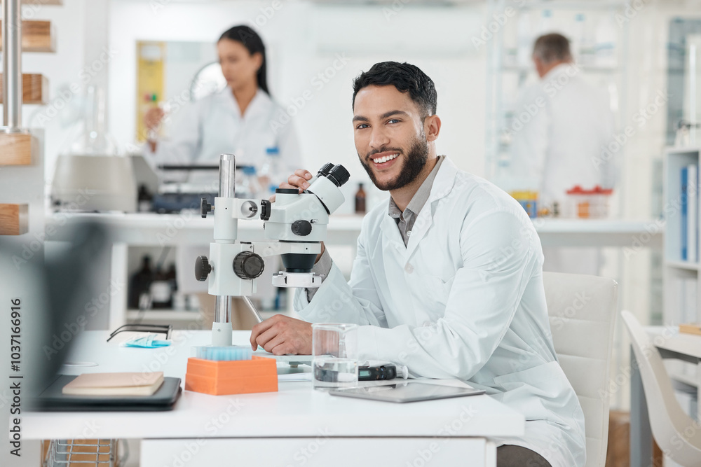 Poster Scientist, man and portrait by microscope in lab study, stats or smile for results with pride for research. Person, happy and excited for progress, pharmaceutical innovation or medicine in Costa Rica