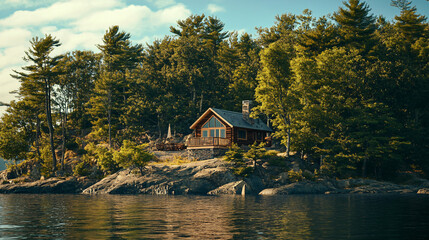 A secluded island retreat with cozy cabins nestled among the trees.