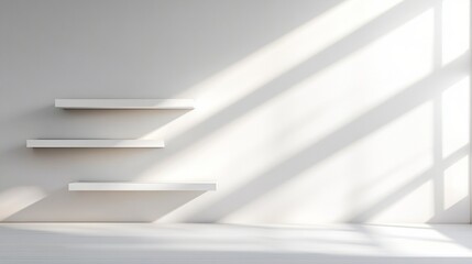 Minimalist white interior with floating shelves casting dramatic shadows on wall, creating a play of light and geometry in a serene, modern space.