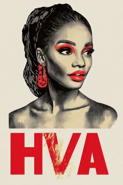 A stylized portrait of a woman with bold makeup and earrings, featuring the text "HVA."