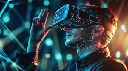 Futuristic virtual reality experience: man immersed in digital world, wearing VR headset amidst glowing network connections and vibrant lights, exploring new realms of technology.