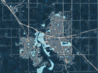 Painterly Style City Map of Lethbridge Alberta, Canada in a Blue Color Scheme.