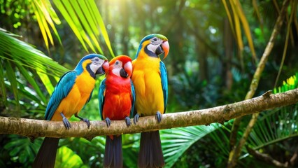 Brightly colored exotic parrots sitting on a tree branch amidst a jungle setting