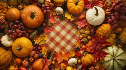 Tablecloth decorated with pumpkins and autumn leaves, thanksgiving advertising background