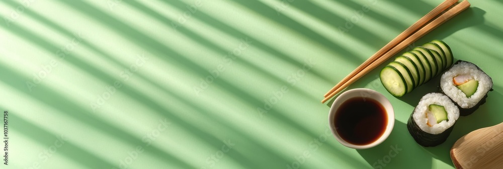 Aufkleber A beautifully arranged sushi roll with cucumber and a bowl of soy sauce is set against a green background with subtle shadows. Generative AI