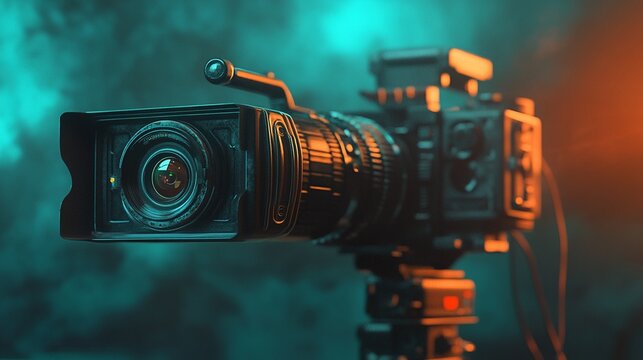 Professional video camera with telephoto lens in dramatic lighting, combining cool teal and warm orange hues for a cinematic atmosphere in a smoky studio.