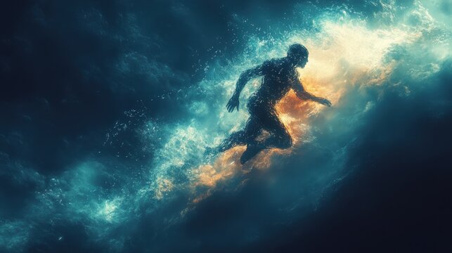 A silhouette of a swimmer amidst swirling, vibrant water, evoking motion and energy.