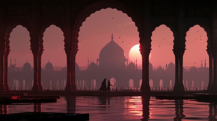 Silhouettes Walking Through Ancient Indian Palace at Sunset, Mughal Architecture, Water Reflection