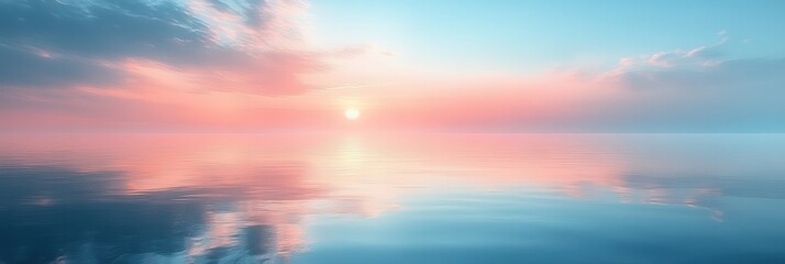 Obraz premium Tranquil Lakeside Serenity, a minimalist scene featuring calm waters, distant reflections, and a soft pastel sky overhead.