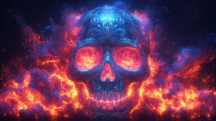 Burning Skull: A mesmerizing digital art illustration of a glowing blue skull engulfed in flames, with intricate details and a dark, smoky background. Perfect for Halloween, gothic, fantasy.