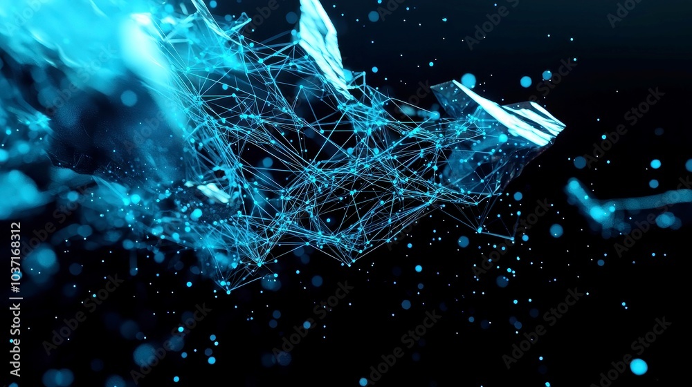 Poster dynamic blue lines weave through spatial nodes, illustrating the seamless flow of big data exchange,